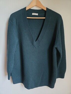 BABATON Teal Ribbed V-Neck Merino Wool Knit Sweater